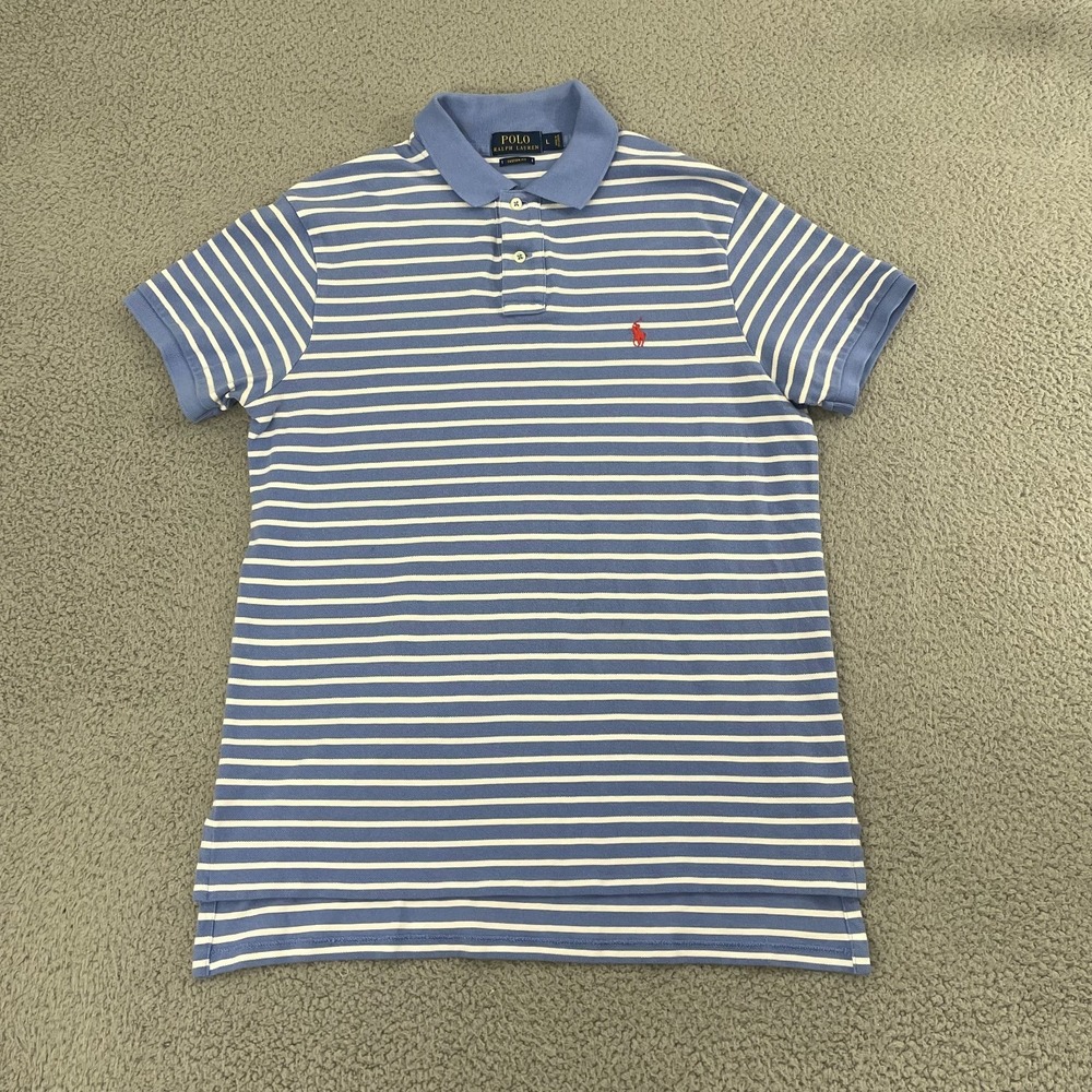 Polo Ralph Lauren Golf Shirt Mens Large Blue White Striped Custom Fit Casual